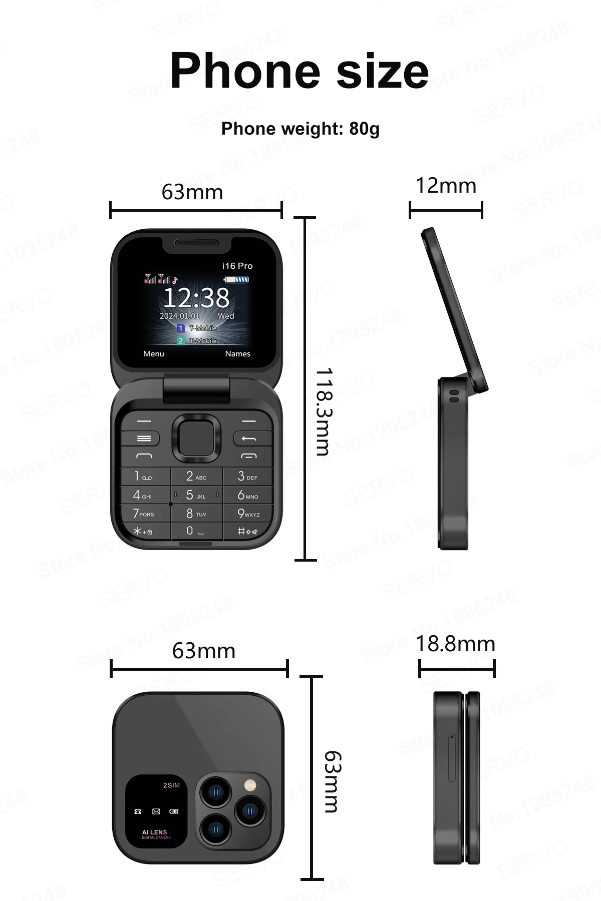 SERVO Original I16 Pro Foldable Mini Mobile Phone 2SIM Card Speed Dial Fold Telephone Magic Voice Blacklist Flip Cellphone TypeC