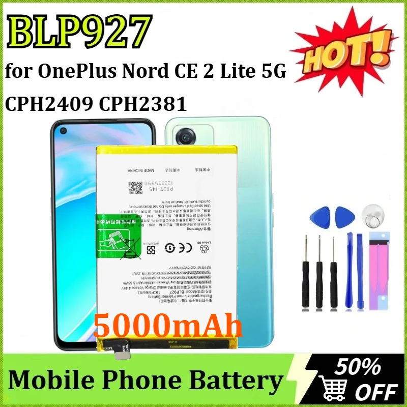 

Новый обновленный сменный аккумулятор BLP927 3,87 В 5000 мАч для мобильного телефона OnePlus Nord CE 2 Lite 5G CPH2409 CPH2381 + инструменты