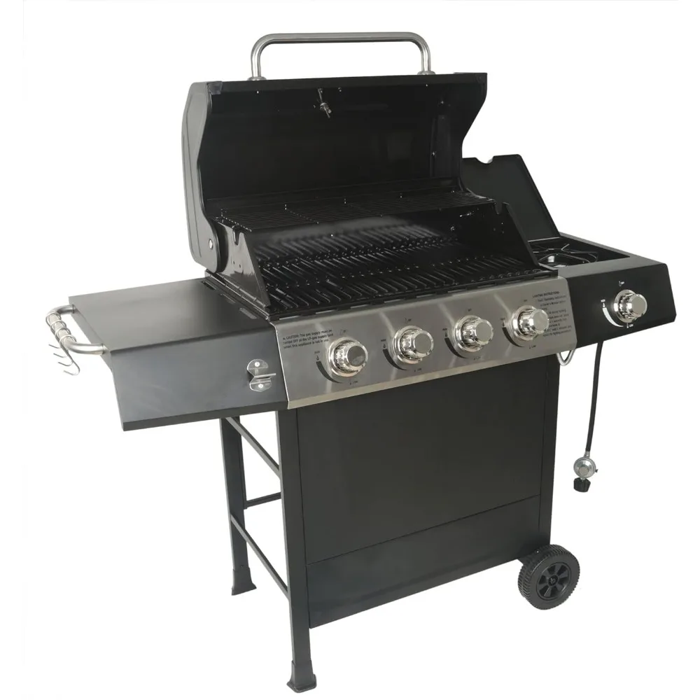 Outdoor BBQ 4 Burner Propane Gas Grill for Barbecue Cooking with Side Burner, Lid, Wheels, Shelves and Bottle Opener,Black