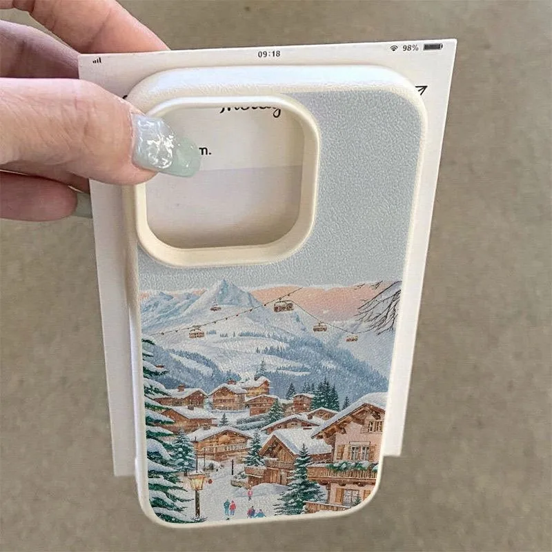 حافظة هاتف بنمط مدينة محاطة بجبال مغطاة بالثلج وملمس ليتشي، مناسبة لهواتف iPhone 17، 16، 15، Plus، Pro، Max Series - يمكن استخدامها كهدية
