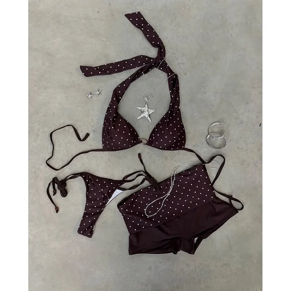

Dot Printed Low Waist Bikini Women's Swimsuit Sexy Lady With Metal Ring Halter Biquini Swimwear Fashion Mujer Beachwear Outfits