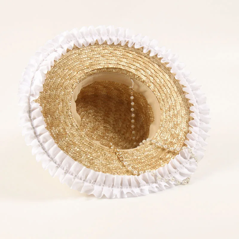 Women Summer Hat Lace Flower Trim Straw Hat with Long Pearl Gold Metal Chain Boater Hat ChainWide Brim Sun Beach Hat Party Hat