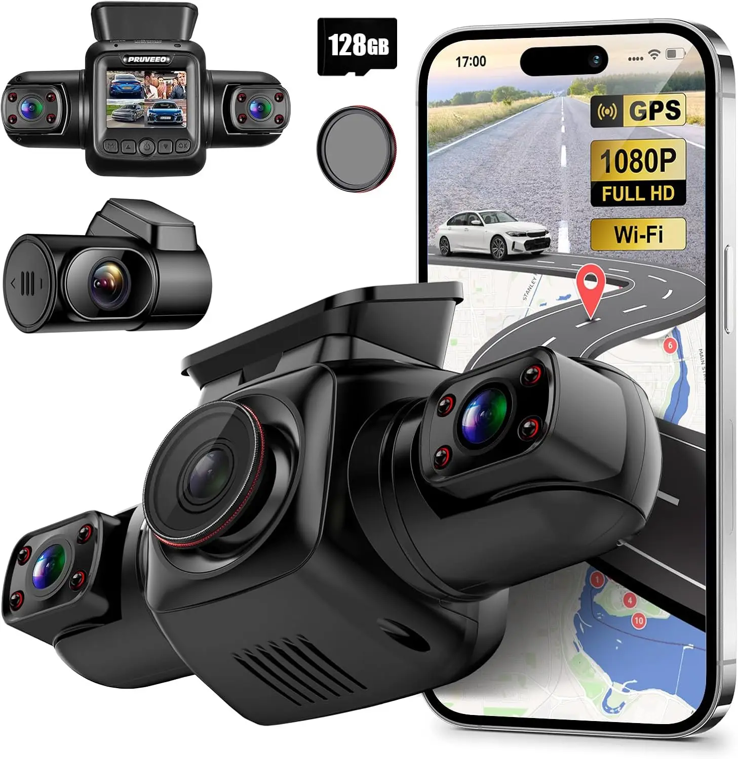 360 Four Channel Car Dash Cam Front Rear Inside Left CPL Built GPS WiFi Night Vision 24 7 Parking Monitor Free 128G Card