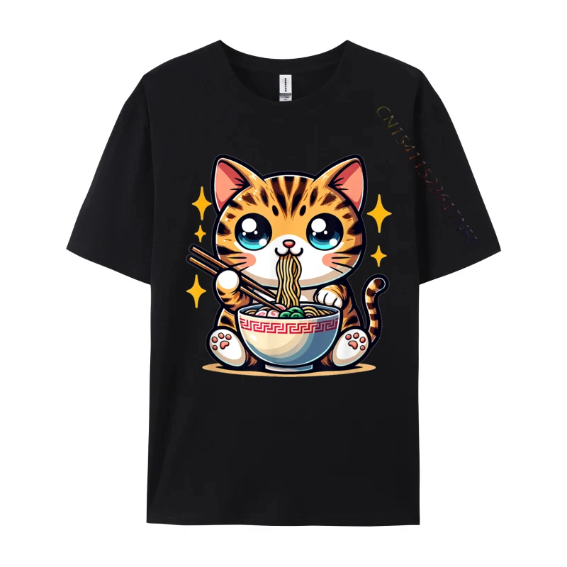 Cute Japanese Kawaii Chibi Bengal Cat Eating Ramen Normal Design Cotton Student Tops Tees Family Tee Shirt