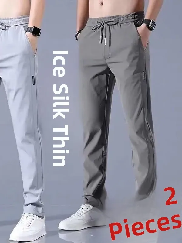 

Мужские повседневные брюки из ледяного шелка, прямые тонкие эластичные дышащие летние спортивные брюки, молодежные модные износостойкие брюки