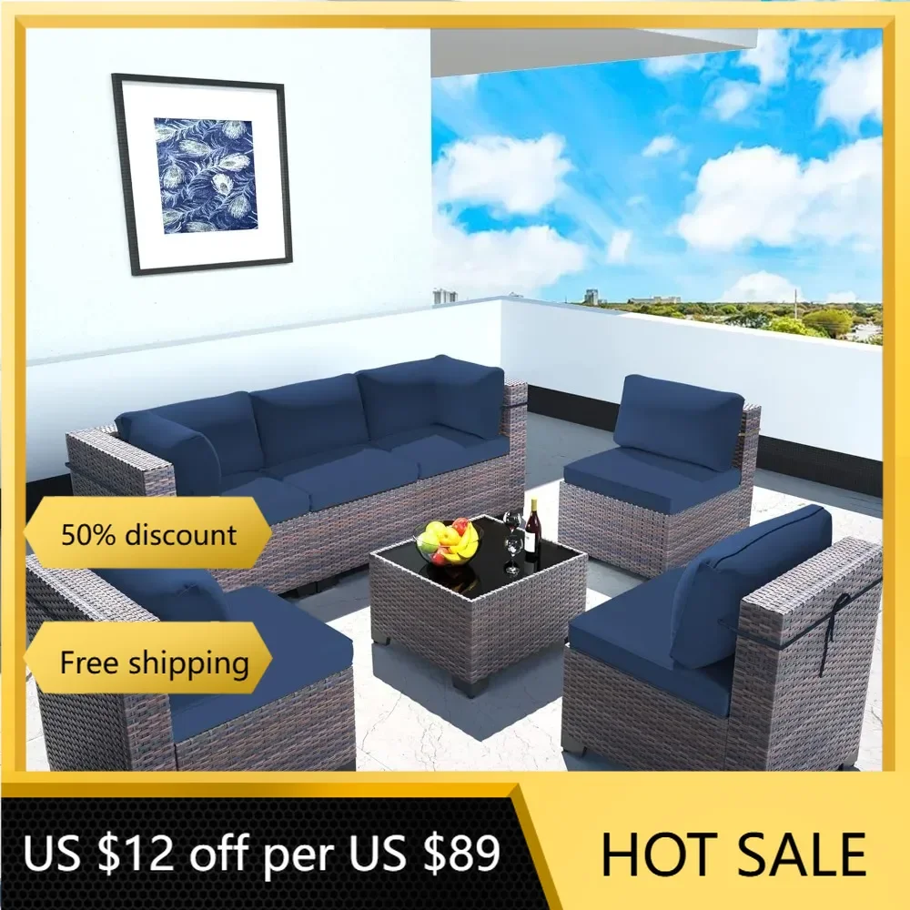 7-Piece Outdoor Patio Furniture Set - All-Weather PE Rattan Sectional Wicker with Replaceable Navy Waterproof Cushions