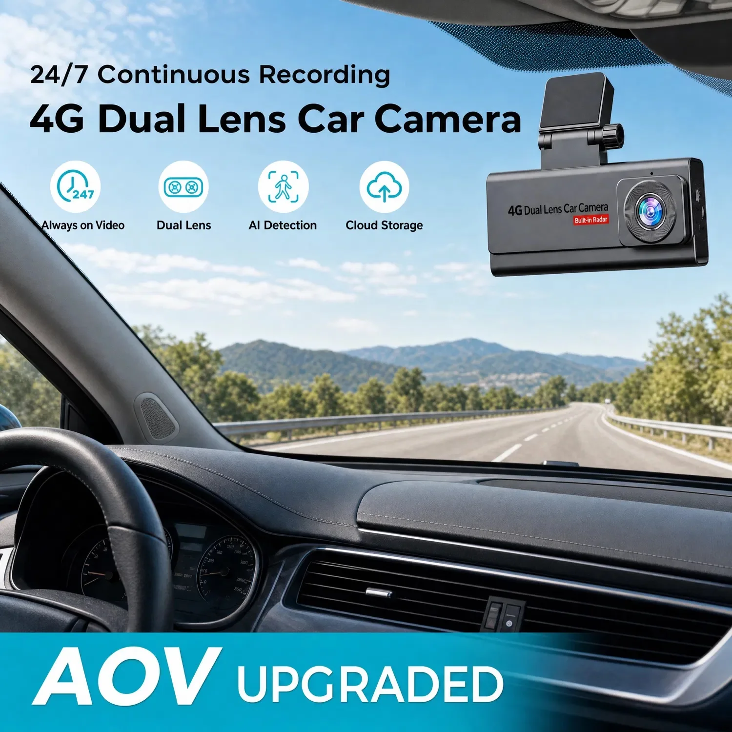 4G H265 1080P AOV Dual-Core Dashcam BSI Sensors Dual Radar  GPS 140° Rear View Night Vision Cloud Storage OBD Connection