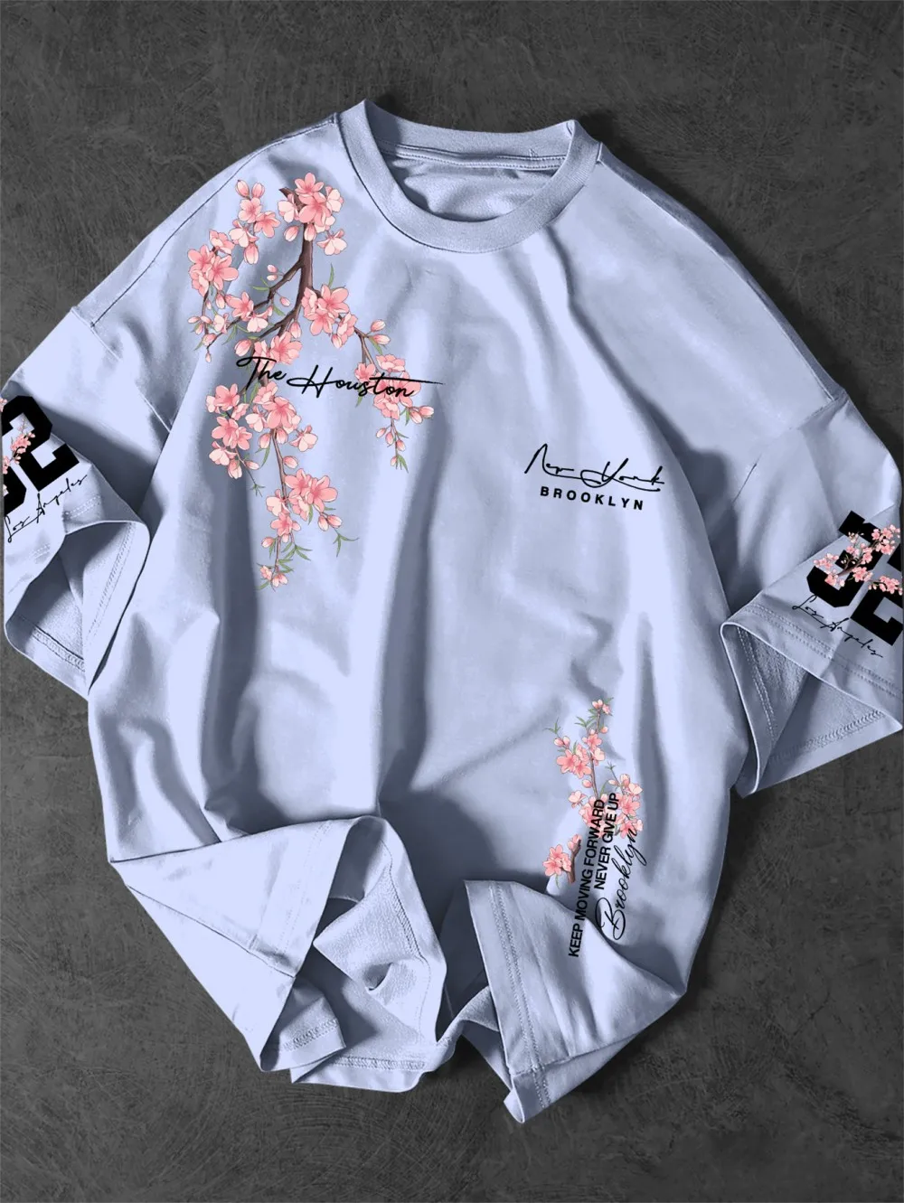 Amerikanisches Herren-Sommer-T-Shirt mit Kirschblüten- und Brooklyn-Schriftzug-Druck, bequem und atmungsaktiv, Rundhals, Outdoor-Street-Top – Detail 10