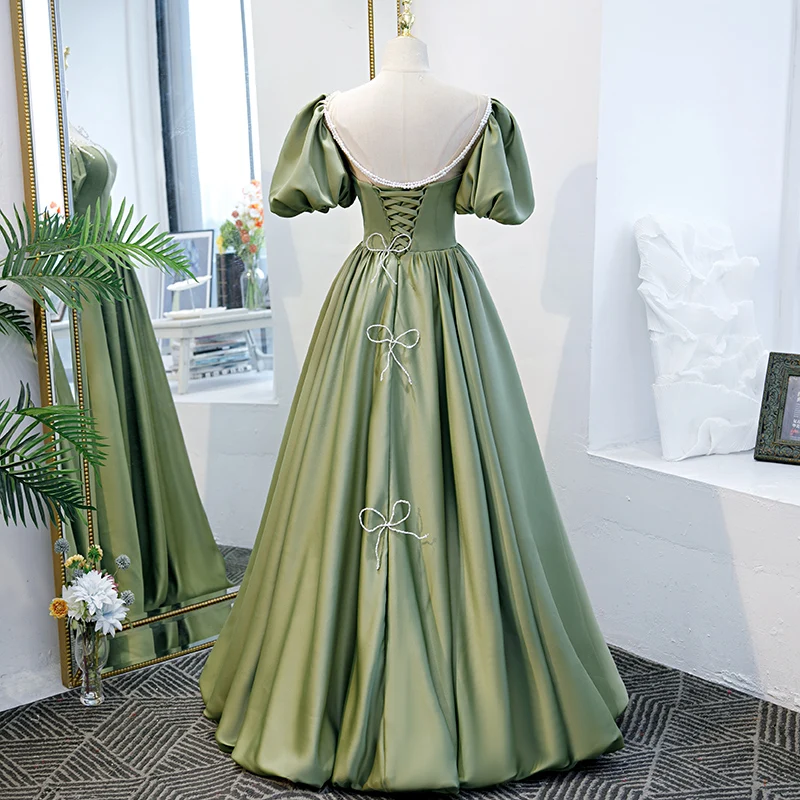 Robe de soirée en satin vert avocat personnalisée pour femme, manches bouffantes princesse, longue ligne A, robe de Rhformelle, quelle que soit la robe éducative