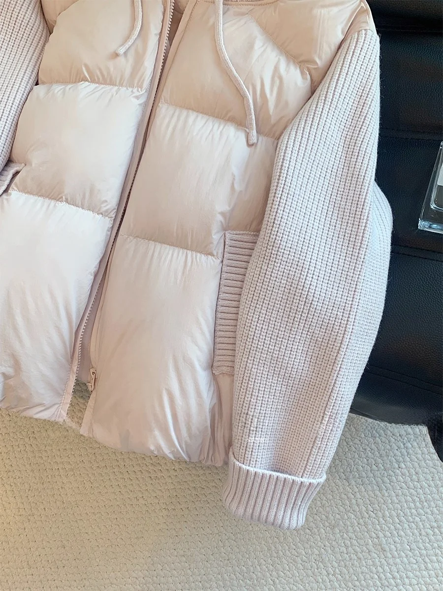 핑크 니트 스플라이스 모자 코튼 자켓 여성 겨울 신상 캐주얼 슬림 따뜻한 코튼 코트 아우터웨어 여성 패션