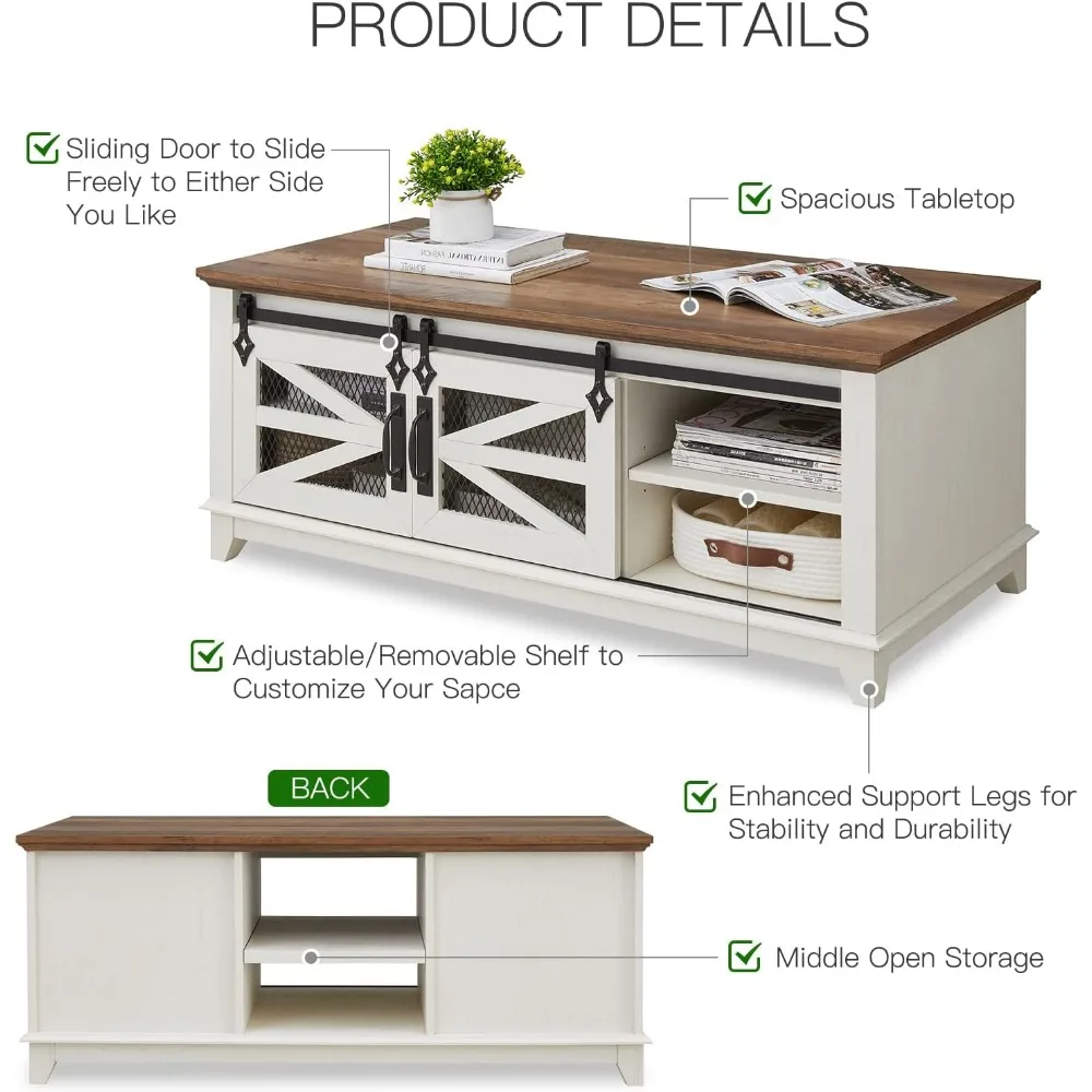 48 Inch Coffee Table with Storage and Sliding Barn Door, Adjustable Shelf, Modern Rectangular Country Style Living Room