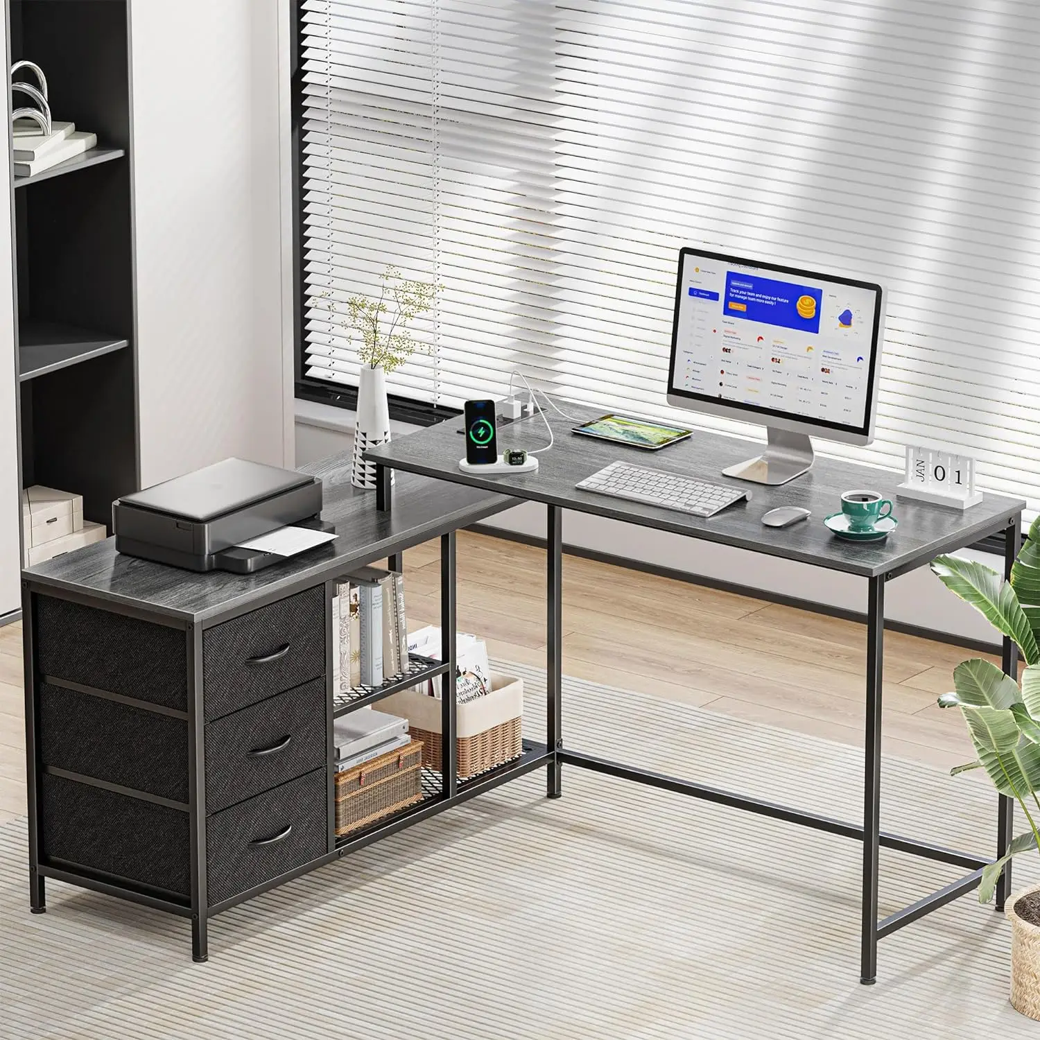 

L Shaped Desk with Power Outlets, Computer Desk with Drawers & Shelves, Corner Desk Gaming Home Office , Gray