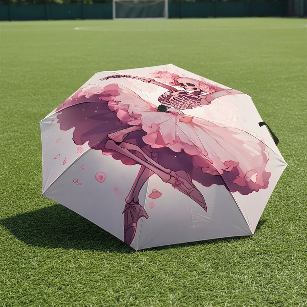1P C Artistic Skeleton Ballerina Umbrella in Front of Iconic Building 8 Iron Ribs Folding Umbrella Auto-Open Fashion Sunshade