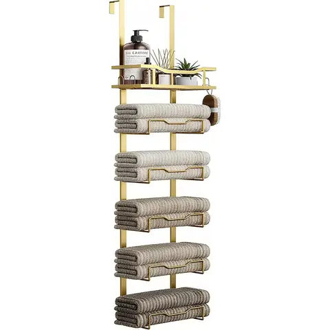 Over The Door Towel Rack No Drill - 6-Tier Bathroom Storage Organizer for Small Spaces, Gold Finish
