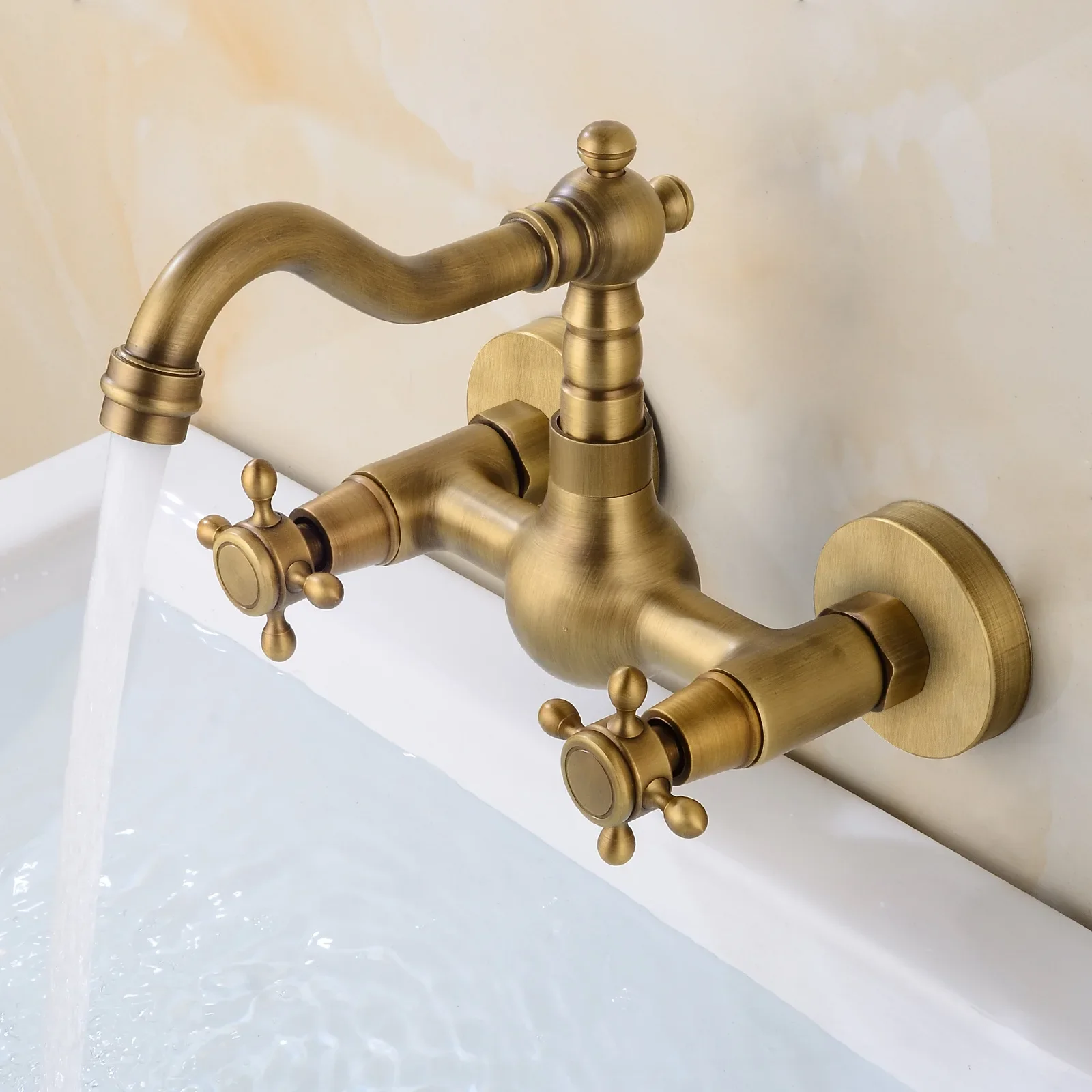 Antique Brass Wall Mounted Bathroom Sink Faucet 360° Rotating Double Handle Hot Cold Mixer Tap
