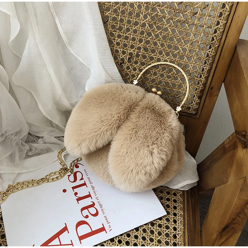 Weiche, flauschige Plüsch-Handtasche mit Henkel, niedliche Umhängetasche mit Hasenohren und Kette, warme Winter-Clutch, leichte Handytasche – Detail 8