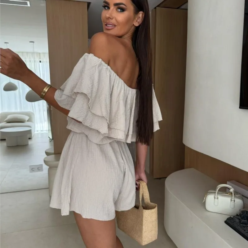 

Fashion Double-layered Ruffle Edge Vacation Jumpsuits Women 2025 Summer New Sexy Off Shoulder Short Romper Solid Women Clothing
