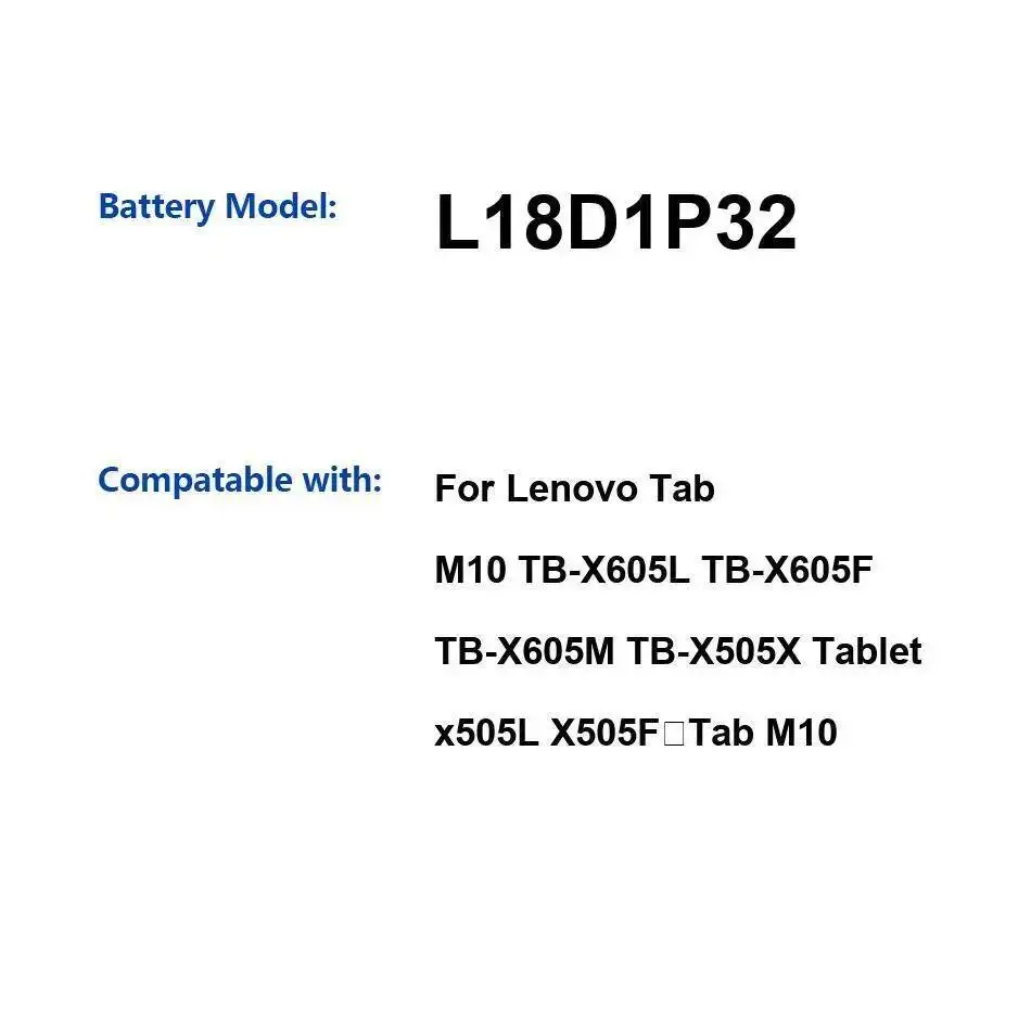 

Аккумулятор для планшета L18D1P32 4850 мАч для Lenovo Tab M10 TB-X605L TB-X605F TB-X605M TB-X505X X505l X505F
