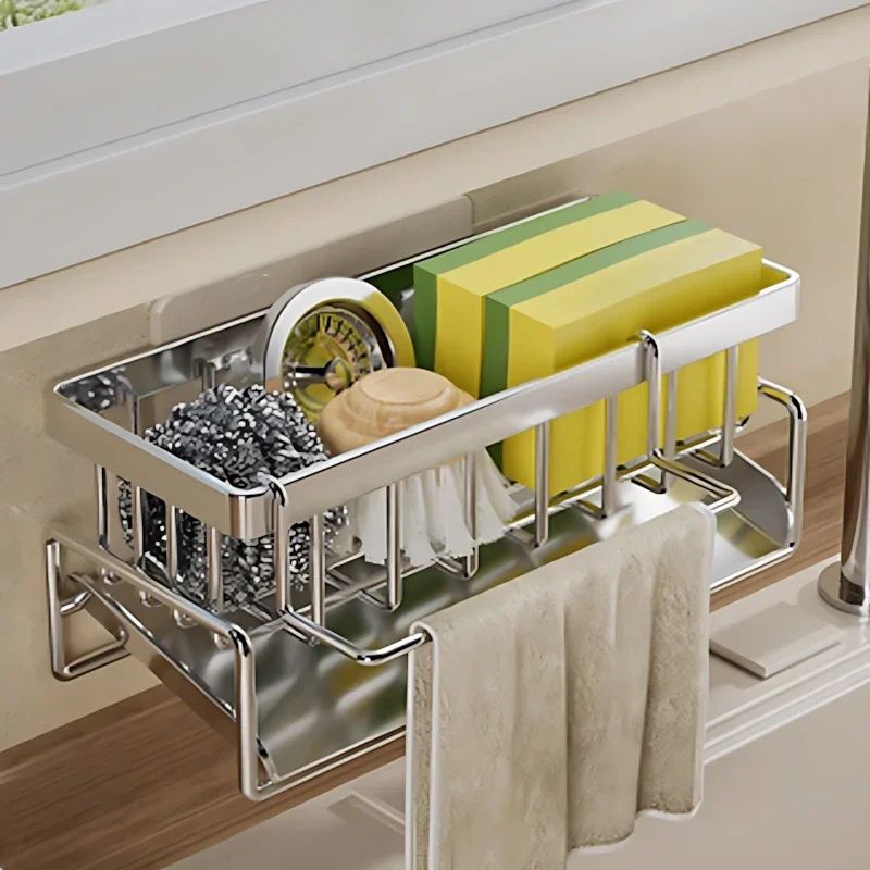 Over-Sink Kitchen Organizer - Sponge Holder & Drying Rack with Faucet Mount Space-Saving Storage for Sponges Brushes Practical