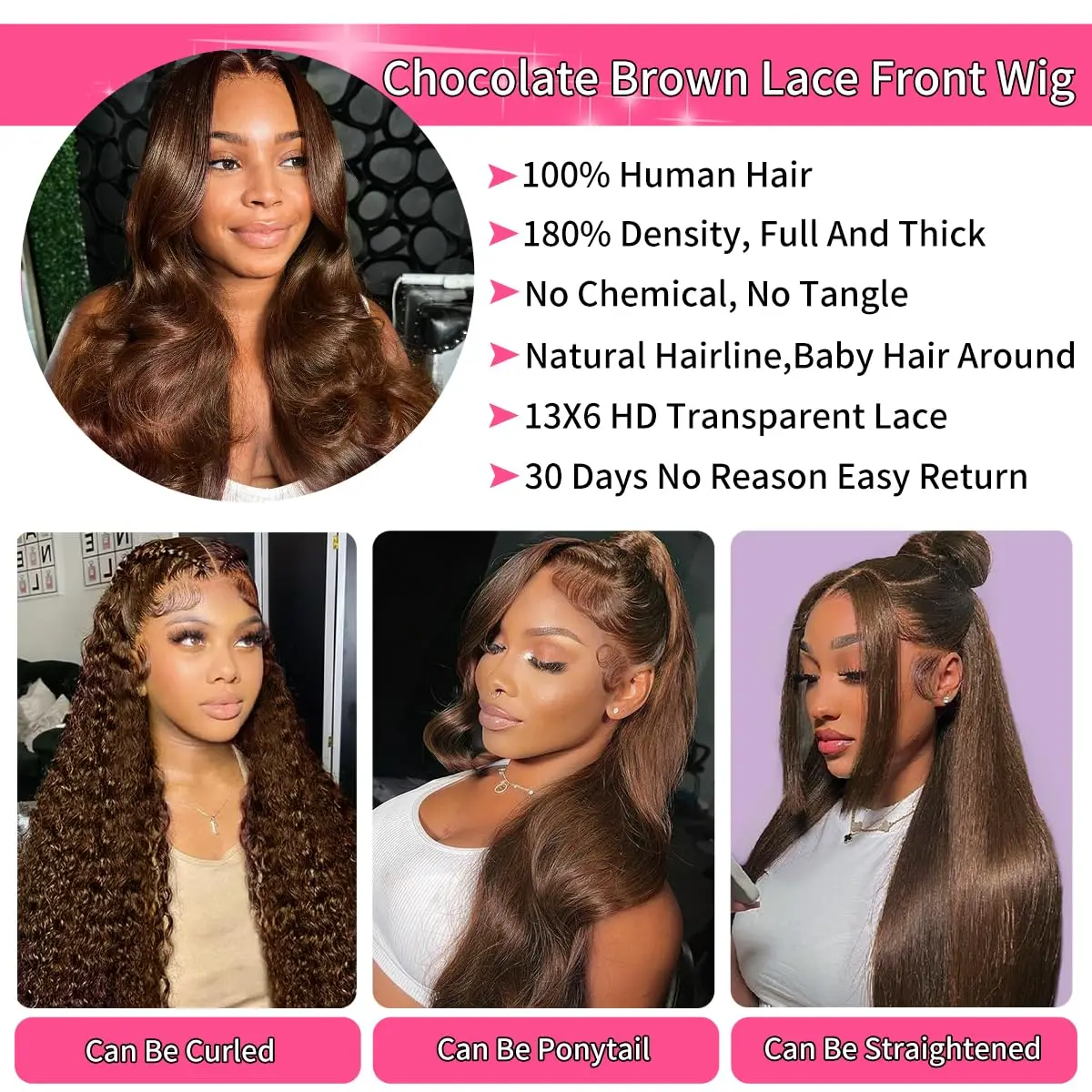 Chocolate Brown Human Hair Wigs 13x6 Bone Straight Lace Frontal Wig For Women ﻿13x4 Brown Transparent Lace Front Wig