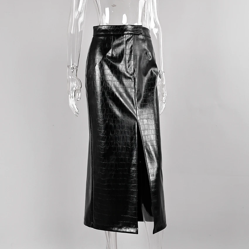 Linad Office Lady Brown PU Split Mid Calf Skirts Street Chic Slim Zipper Skirts Women 2026 Vintage High Waist Straight Skirt