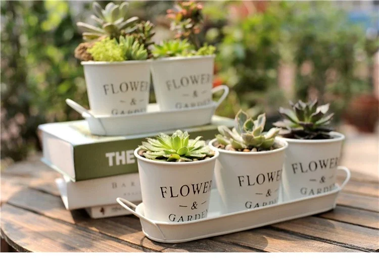 European Style Iron Sheet Flower Bucket White Letter Pattern Succulent Flowerpot Plant Three Piece Set of Flower Pots with Tray