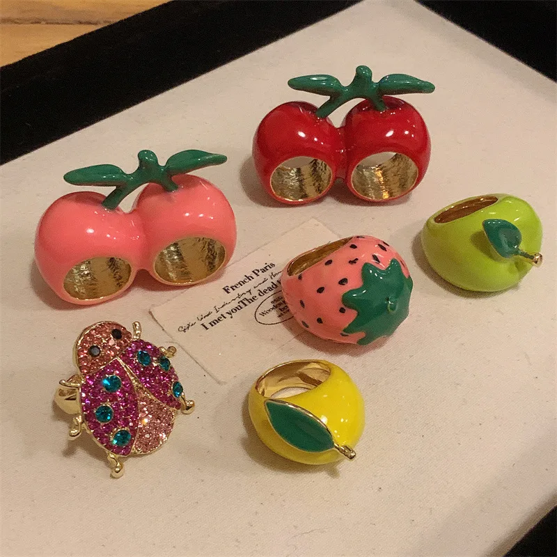 HANGZHI INS Colourful Enamel Oil Drip Irregular Cherry Strawberry Apple Ring Fashion Creative Chunky Jewelry For Women 2025 New