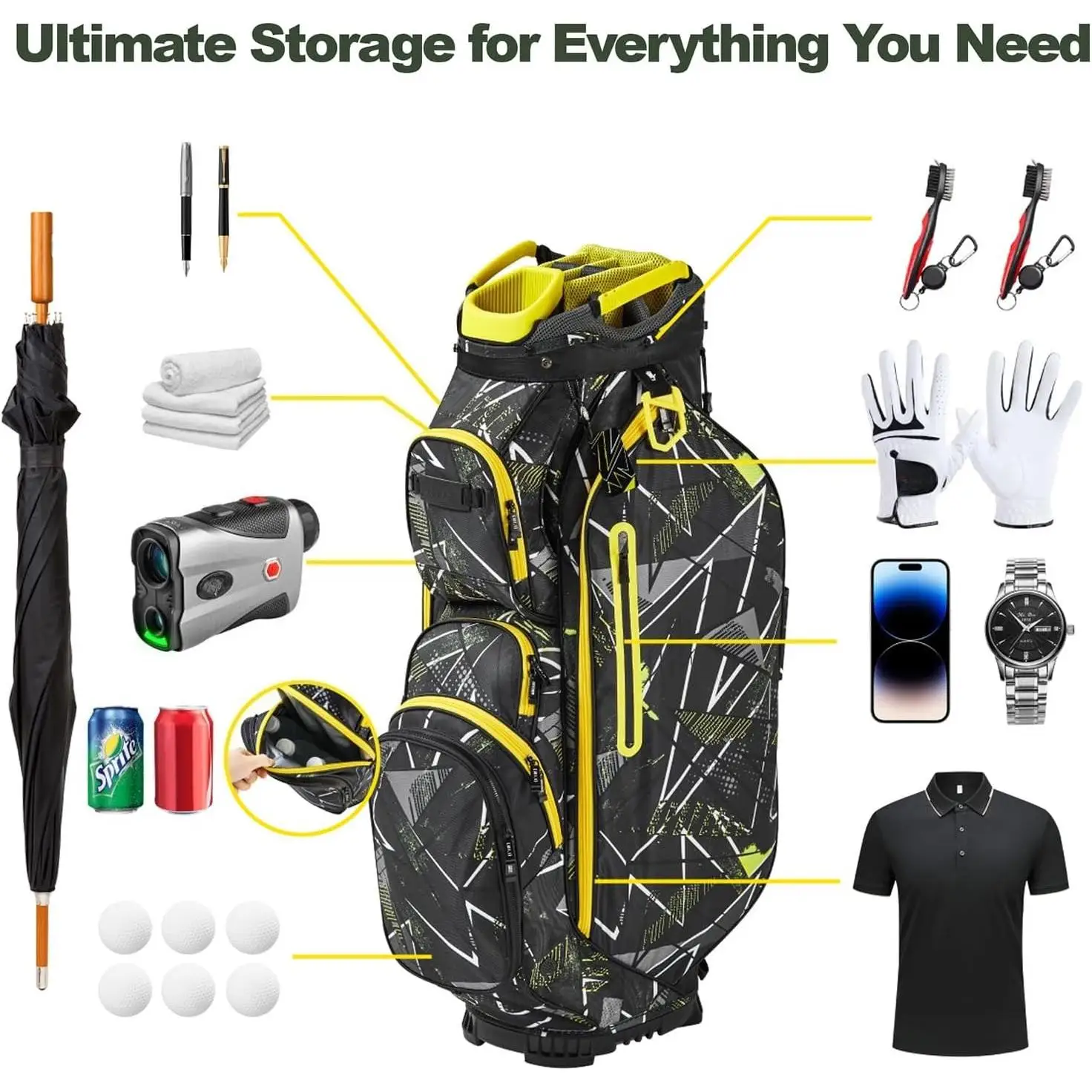 14 Ways Dividers Golf Bag Golf Cart Bag with Full-Length Featuring Cooler Pocket, Rain Hood, 9 Pockets & Padded Strap–Ideal Golf