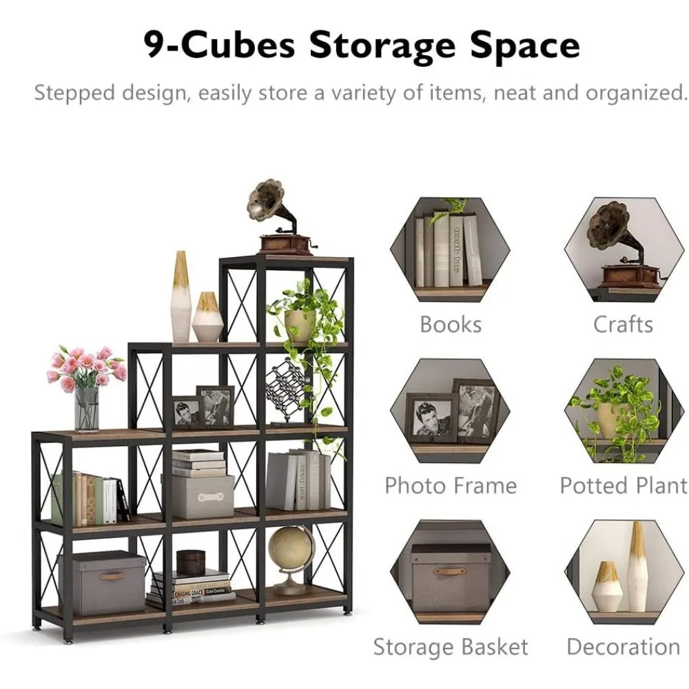 Industrial Style 12-Tier Ladder Bookshelf with 9 Cubes for Corner Display and Rustic 5-Tier Shelving