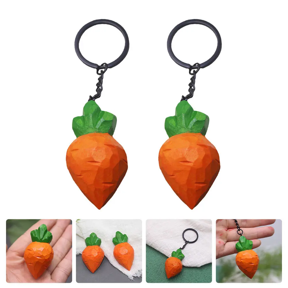Wood Carrot Keychain Pendant – 2pcs Natural Wooden Key Ring Charm, Cute Mini Vegetable Bag Ornament