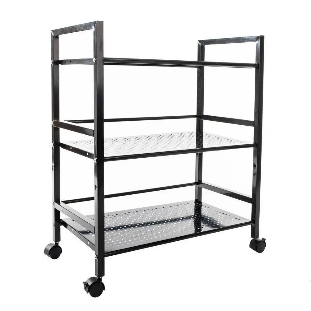 Triple shelf steel wire mesh rolling kitchen black storage rack