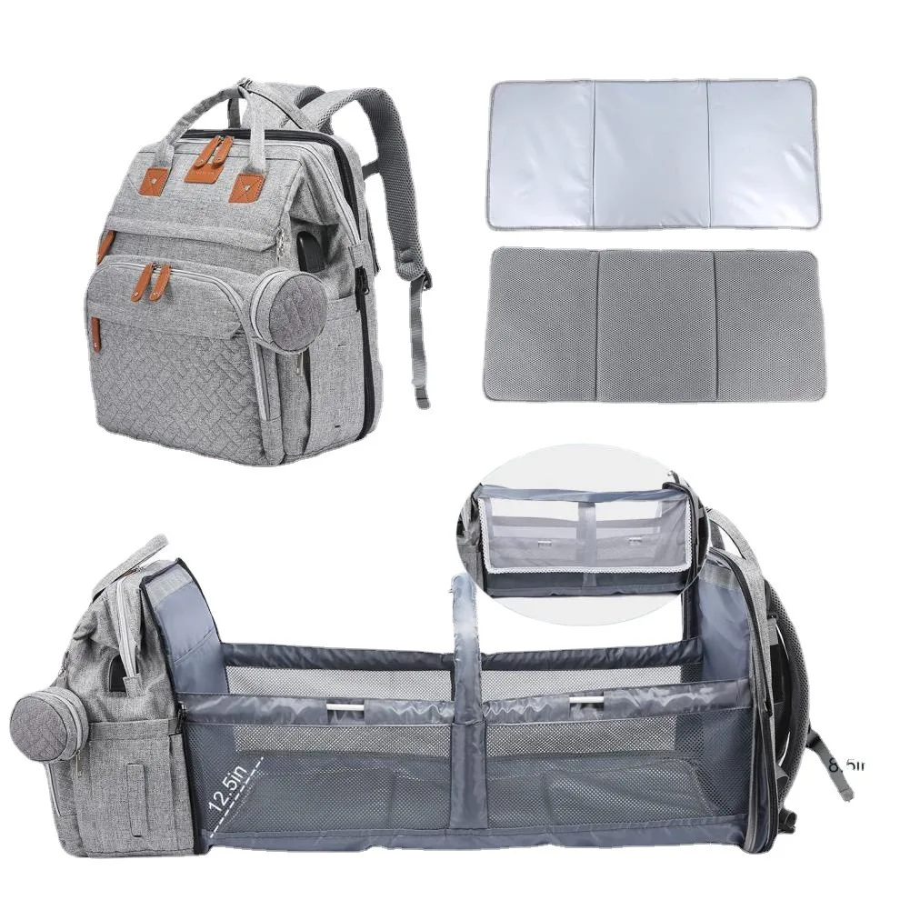 3 In 1 Diaper Bag Backpack Foldable Baby Bed Waterproof Travel Bag with USB Charge Nappy Stroller Bag with Changing Bed 3 Types