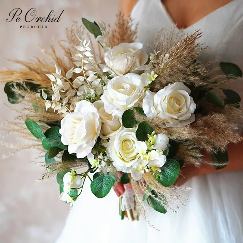 PEORCHID Green White Rustic Boho Wedding Bouquet Artificial Ramo Novia Faux Flower Decor Fall&Winter Bridal Pampas Grass Bouquet