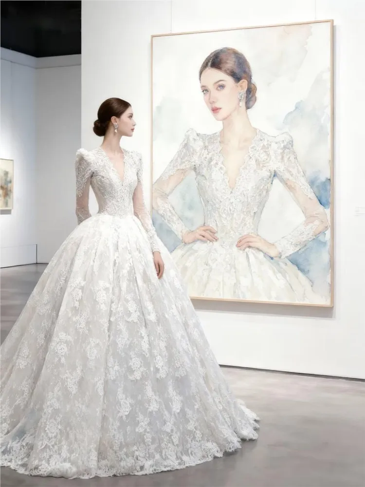 Romantic Lace Collar Long Sleeve New Style Heavy Industry Trailing Main Yarn Outdoor Dress