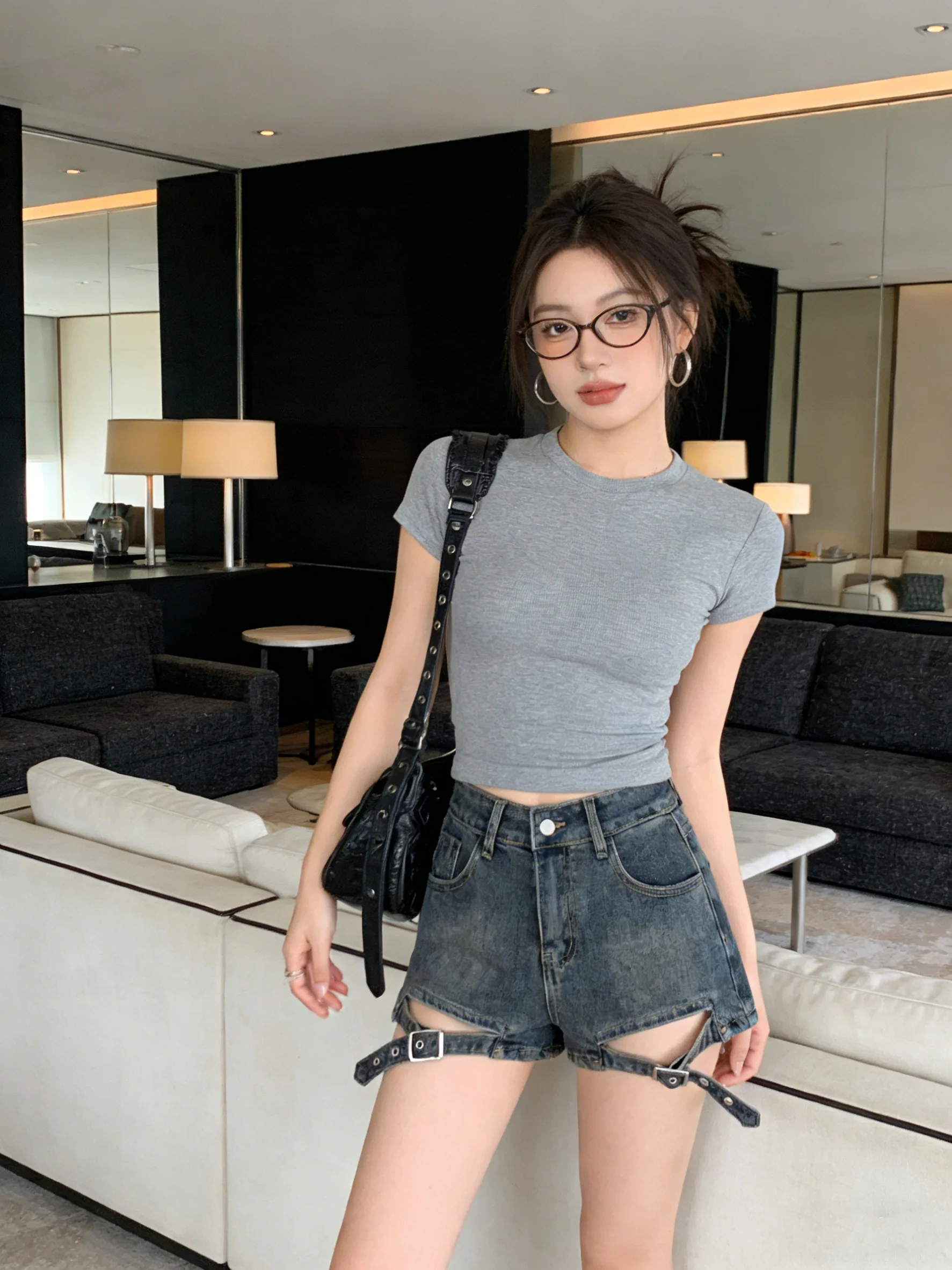 

Worn-In Deep Blue High-Waist Slimming Design Hole Denim orts Spring Summer Tie Waist Wide Leg Spicy Girl A-Line Hot Pants