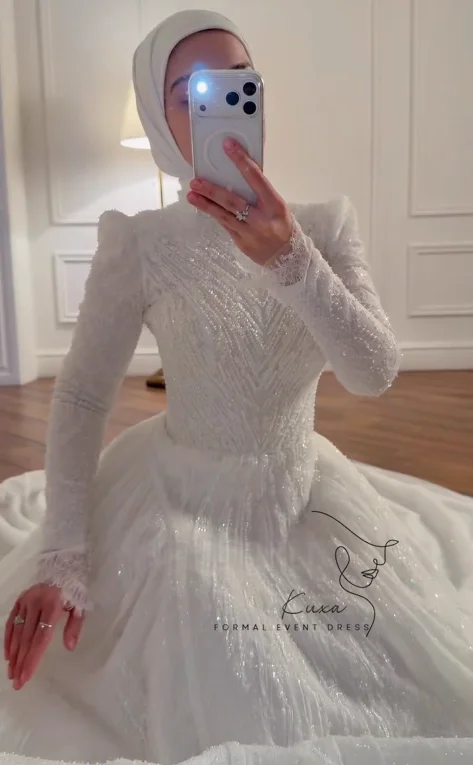 KUXA Customized Muslim Dubai Luxury Wedding Dresses Lace Beaded A-Line Arabic Full Sleeves Bridal Gowns For Women Robe De Mariée