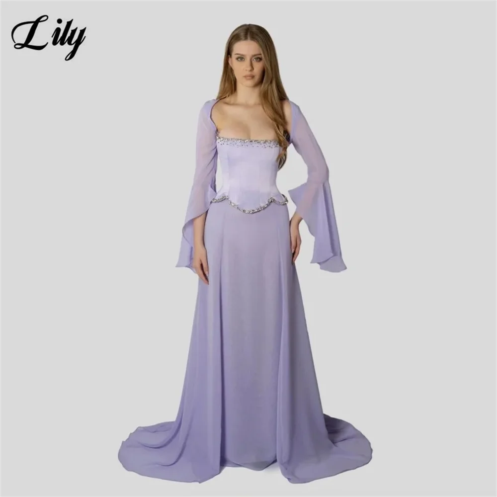 

Lily Pale Purple Prom Dresses Off the Shoulder Celebrity Dresses Full Sleeve with Beading On Chest Evening Dresses Customized
