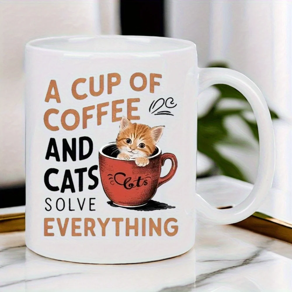 A Cup of Coffee and Cats Solve Everything Mug, 320ml Ceramic Coffee Cup for Cat Lovers Cute Kitten in Mug Design Funny Gift for