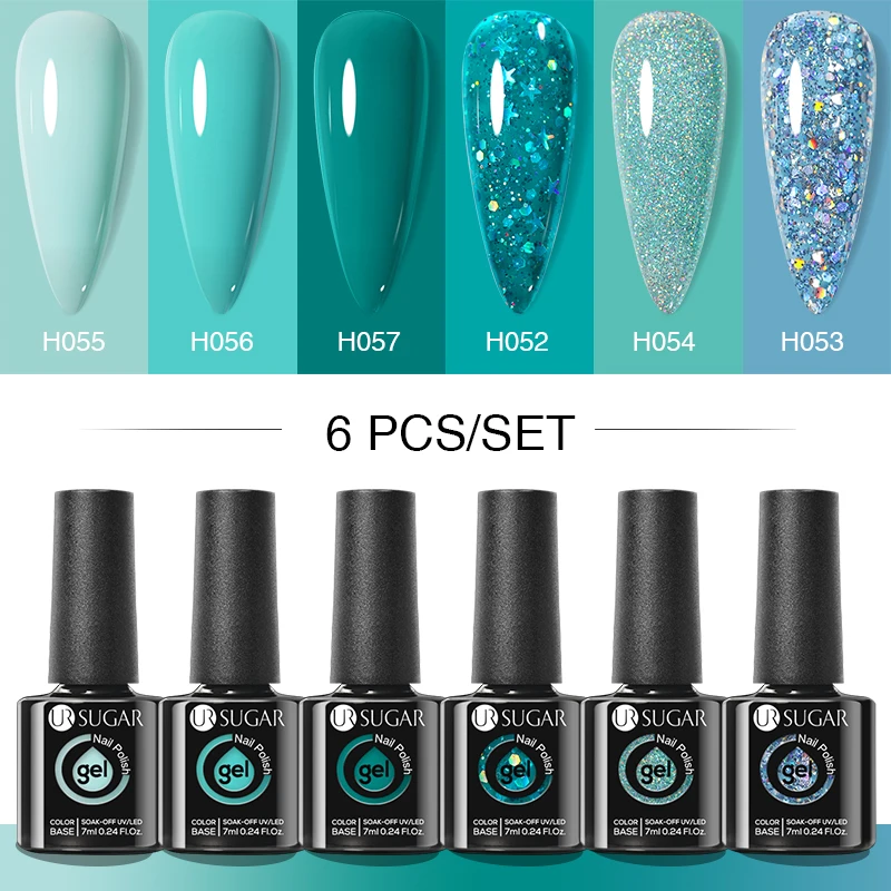 UR SUGAR Nail Gel Polish Set 7ml 6Pcs Glass Bottle Blue Series Glitter Soak Off UV Led Gel Varnishes Manicure For Nails DIY