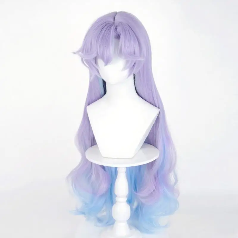 Jogo de alta qualidade cantarella peruca cosplay longo encaracolado roxo-azul gradiente peruca resistente ao calor sintético simulado couro cabeludo headwear