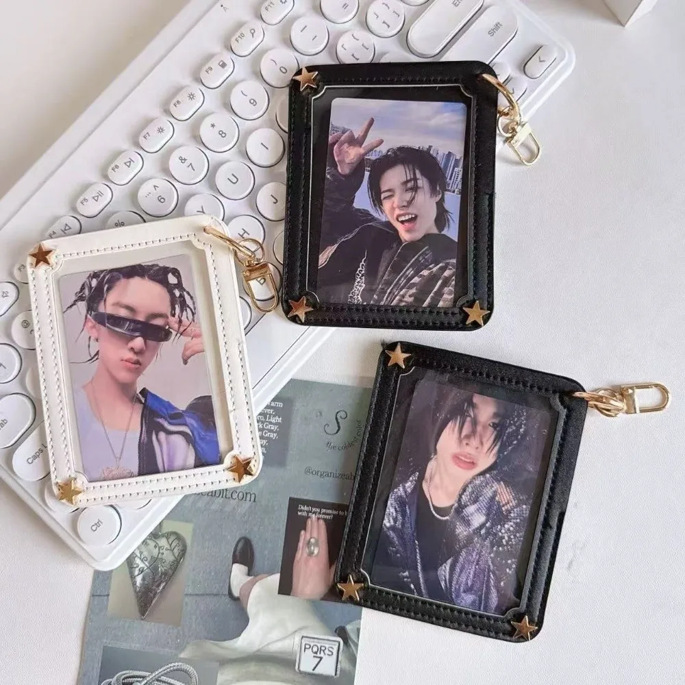 Minimalist PU Leather Photocard Holder 3 Inch Size Star Decor Photo Card Protector Keychain Included ID Badge Holder ID Card Use