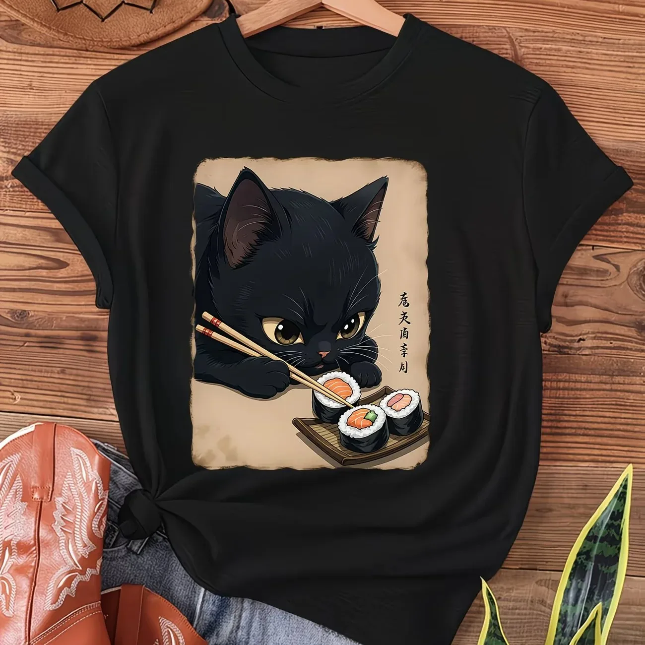 Black Cat & Sushi Kawaii T-Shirt - Cute Anime Sushi Roll & Cat Print  Soft Stretch Round Neck Summer Top Casual Theme Outfit