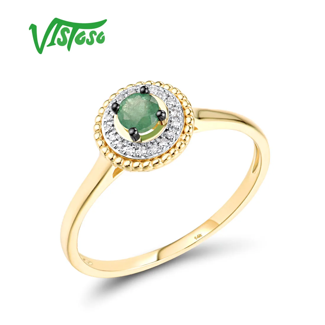 

VISTOSO Genunine 14K 585 Yellow Gold Ring For Women Sparkling Diamond Emerald Round Ring Elegant Wedding Engagement Fine Jewelry