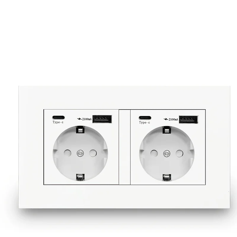 EU Standard 2.1A Type-C USB Socket, 16A Power Panel Double Outlet, AC 110~250V 146 mm X 86 mm Double Frame Quality Power Outlet