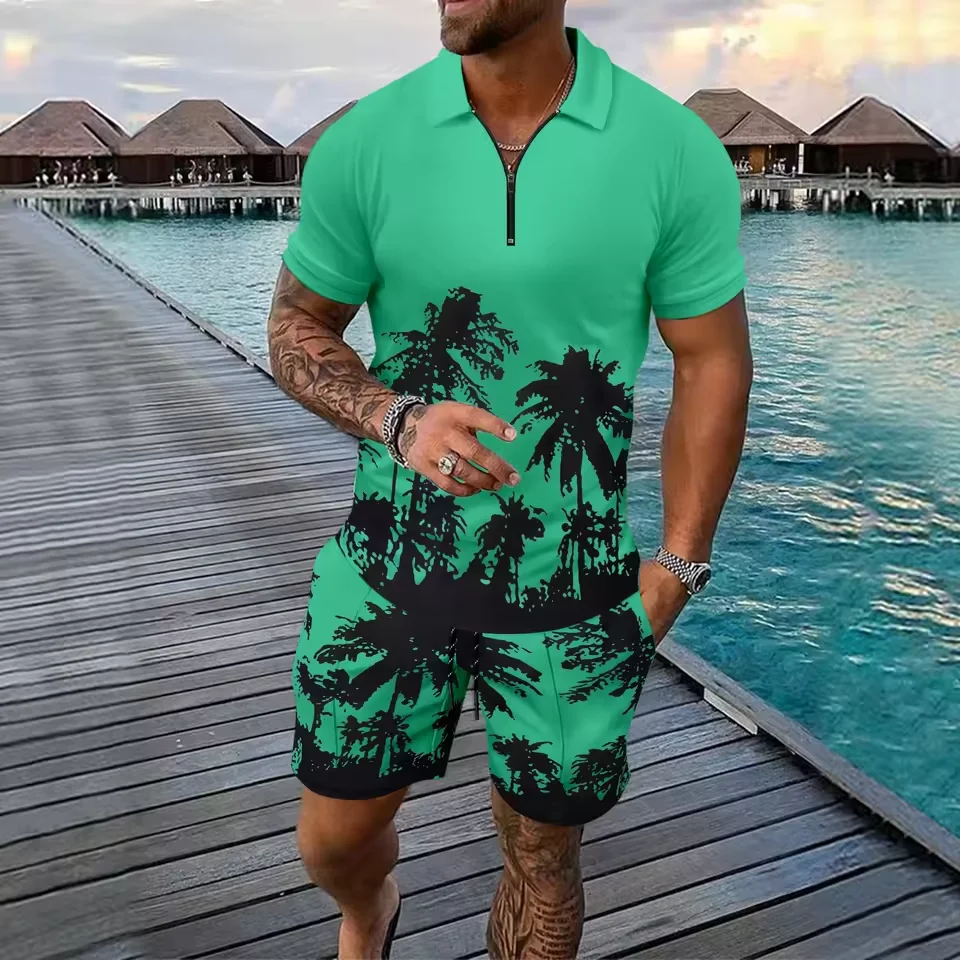 3D Coconut Tree Print Men's Short Sleeve Set Fashion Zipper Polo Shirt + Hawaiian Shorts 2 Piece Outfit Summer Casual Loose Suit