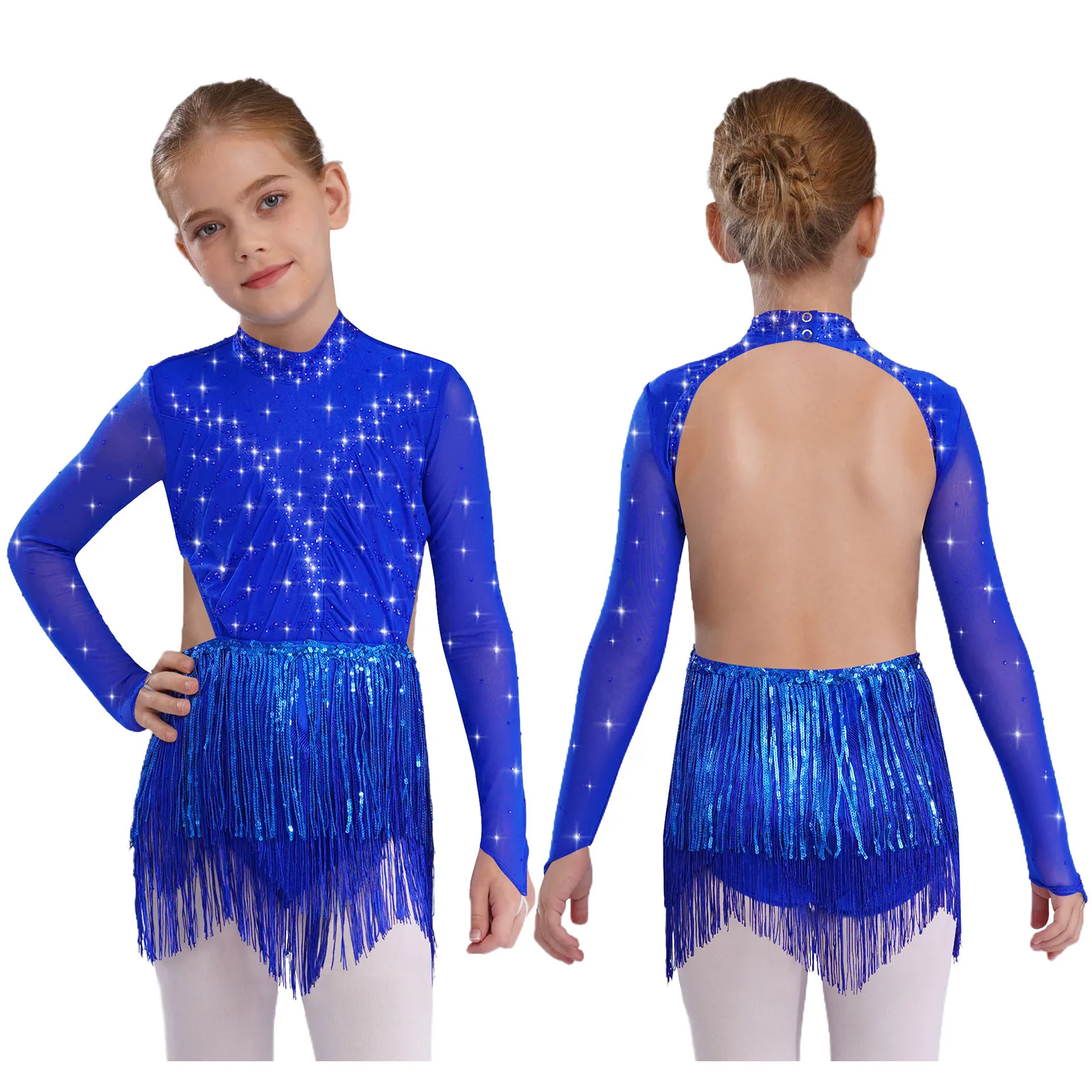 Crianças meninas lantejoulas borlas dança latina collant vestido de manga longa strass bodysuit patinação artística jazz cha-cha samba dancewear