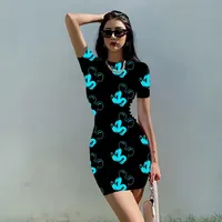 Hot Fashion Minnie Mickey Mouse Donald Pluto Cartoon Print O-Neck Pullover Women Short Sleeve Mini Straight Dress Disney Dress