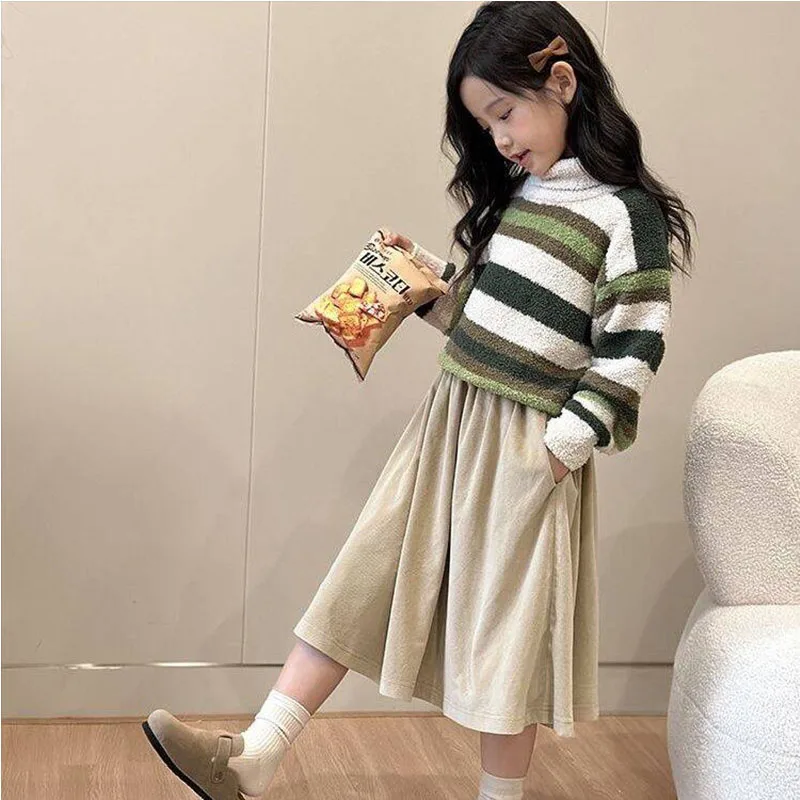 Children Autumn Big Girls Long Skirts Vintage Solid Color Fall Skirt Student Uniform 2024 New 3 4 5 6 7 8 9 10 11 12 13 14 Years