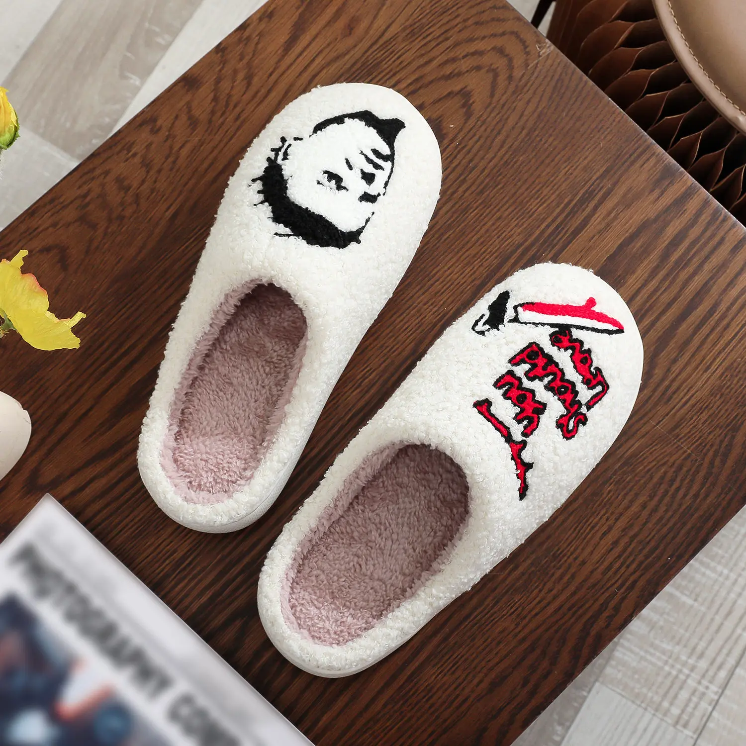 

loween Horror Movie Embroidered Cotton Slippers Autumn Winter Flat Bot Fur Slippers Warm Cozy Flat Heel ort Fur oes