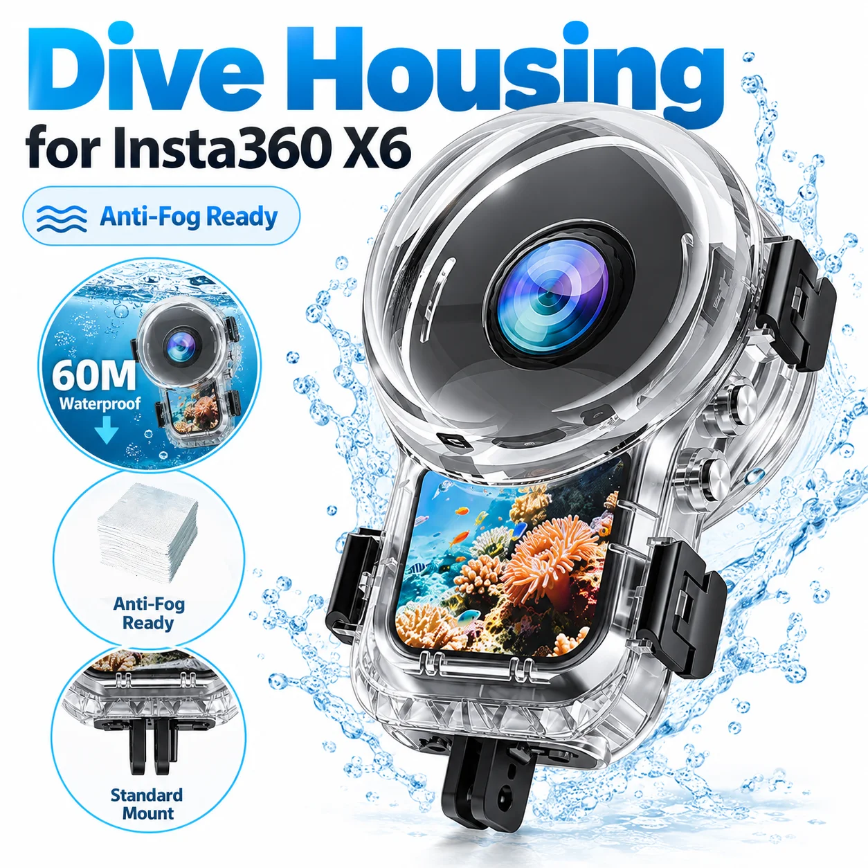 Waterproof Case 60m Diving Housing for Insta360 X6 Invisible Underwater Protective Shell Anti Fog Clear Lens Camera Accessories